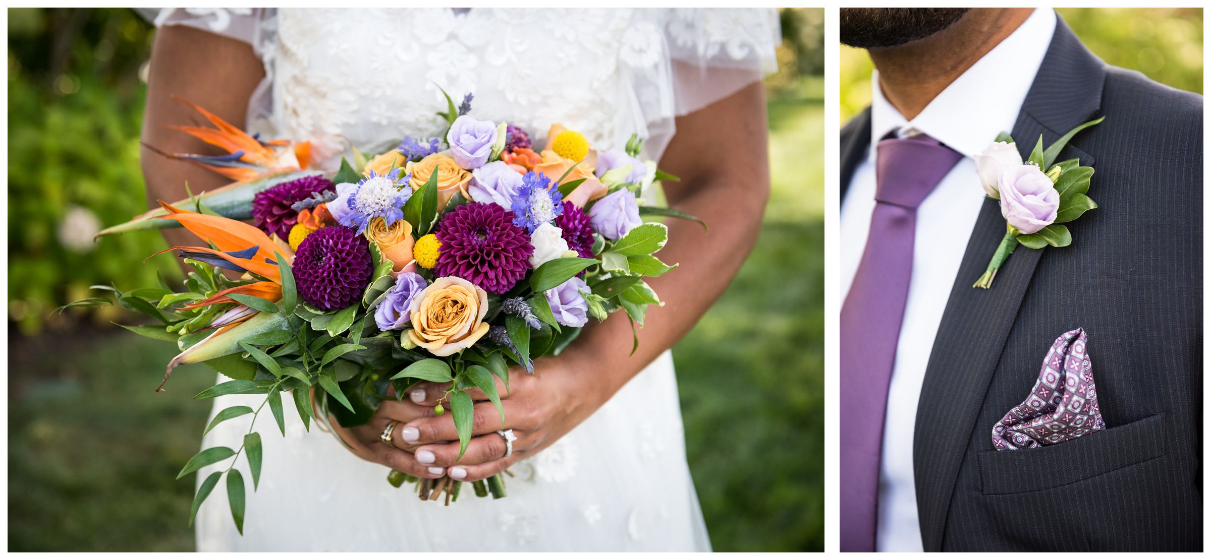 purple and gold bride bouquet and purple and blue groom suit for summer wedding