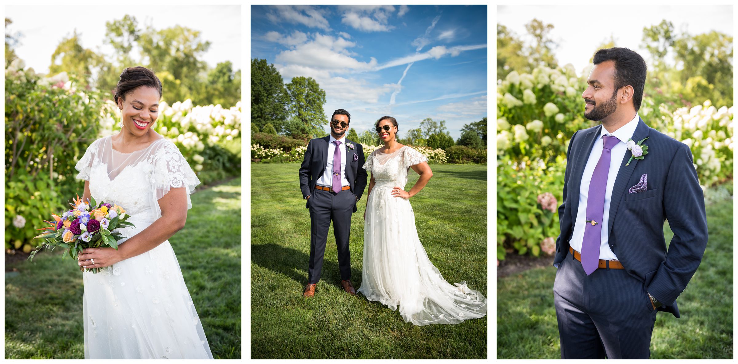 bride in lace wedding dress with flutter sleeves and groom in navy suit with purple tie wearing sunglasses during summer wedding
