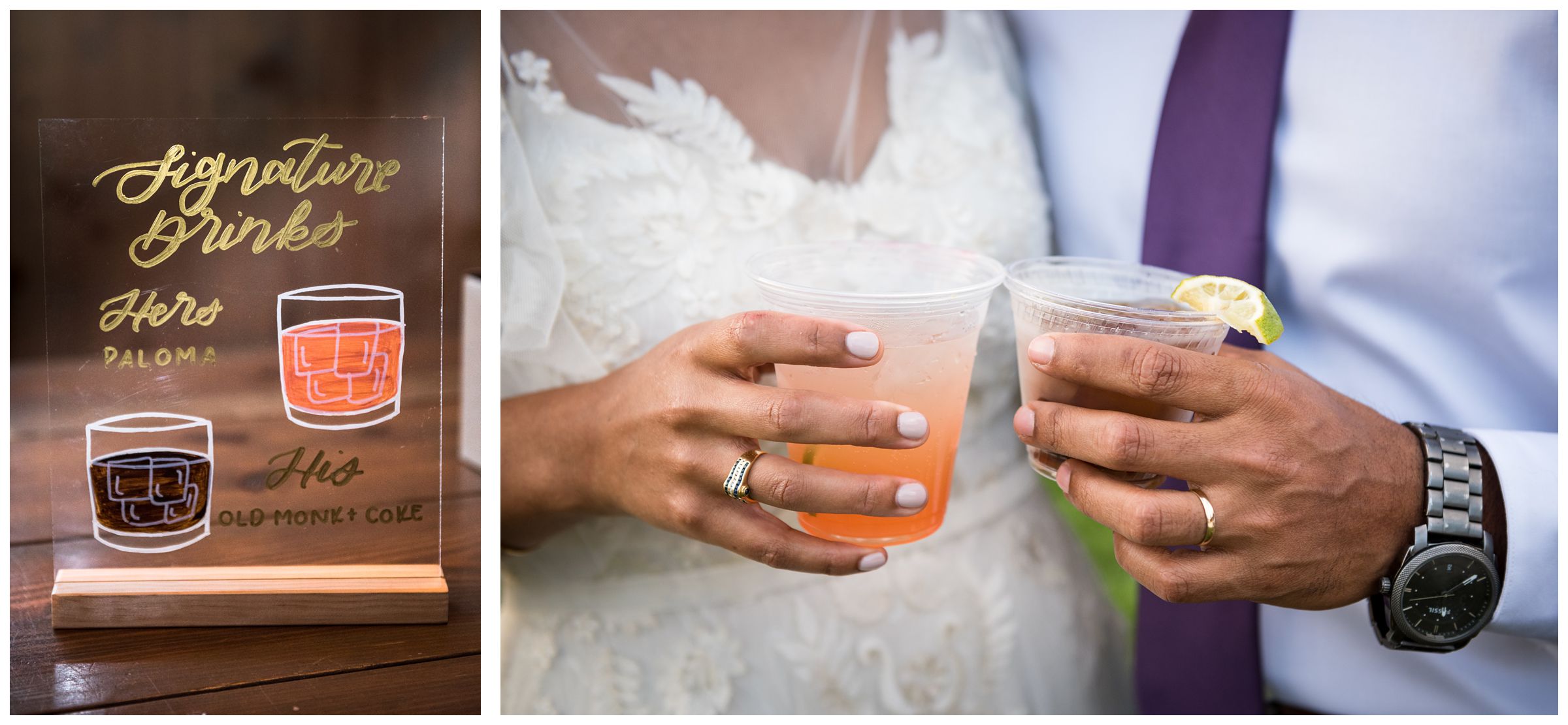 bride and groom holding signature cocktails at wedding reception
