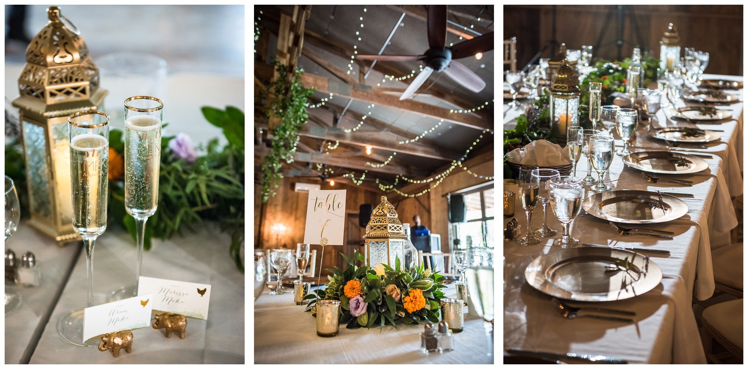 Jorgensen Farms Historic Barn wedding reception with greenery and gold decor including Indian elephants