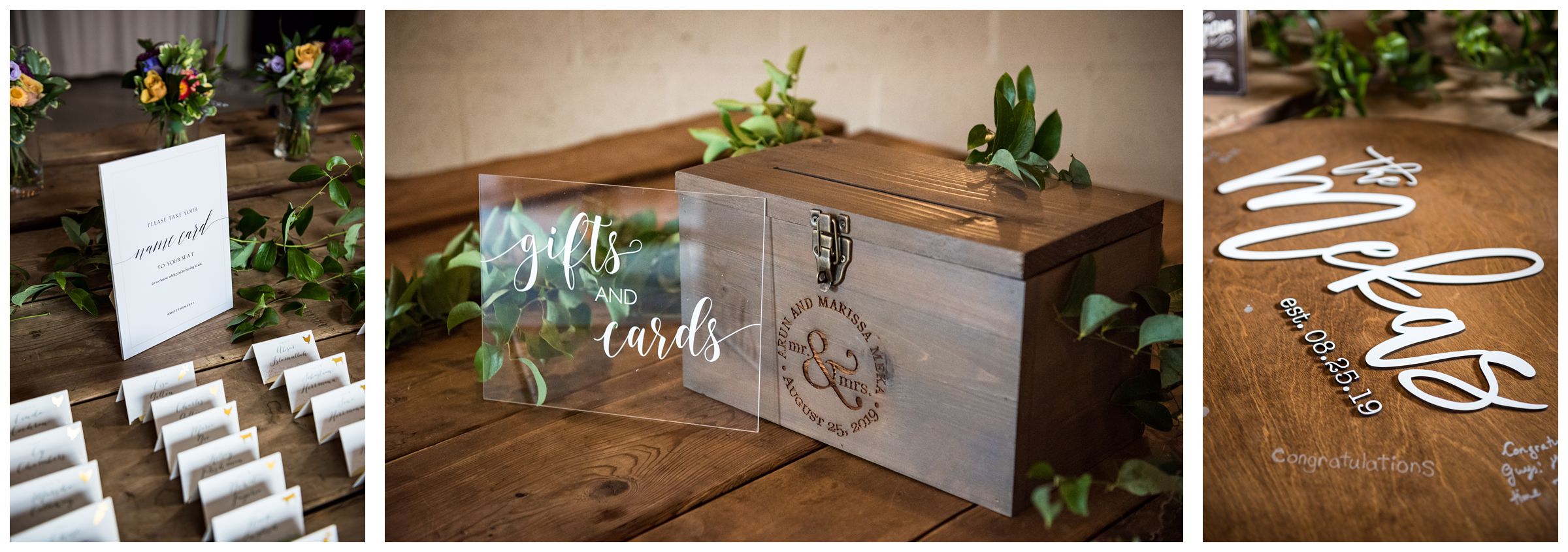 custom engraved wooden wedding card box, wooden guestbook sign, greenery and acrylic wedding signs