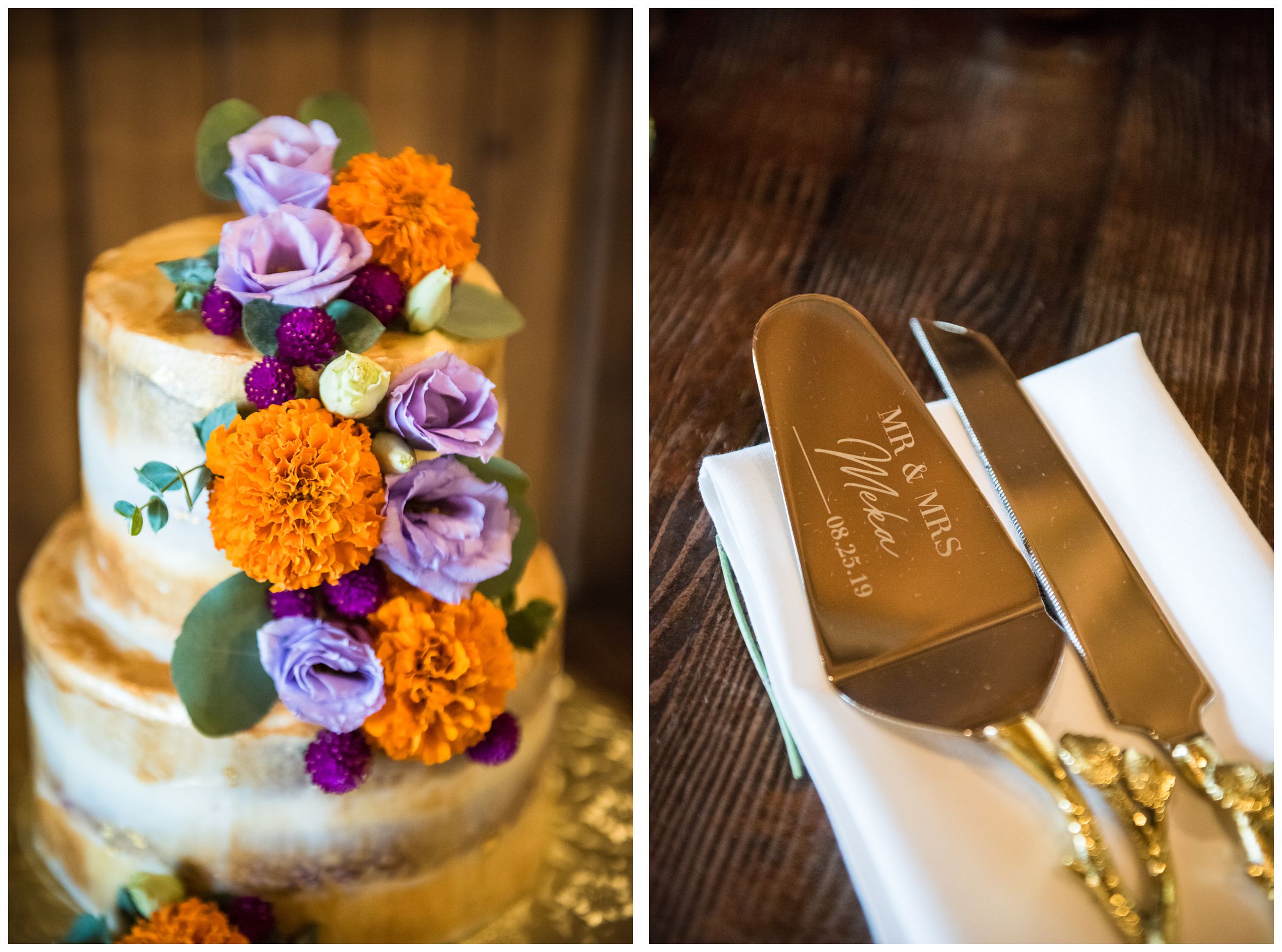 gold engraved wedding cake servers and cake with orange and purple flowers including Indian wedding flower marigolds