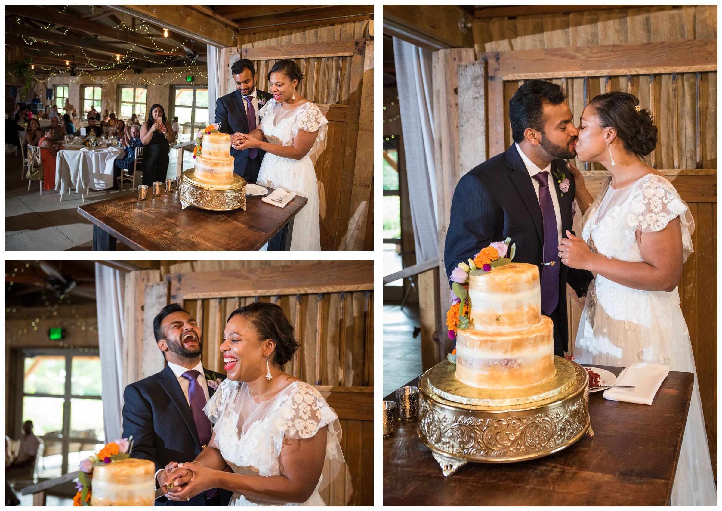 bride and groom cutting cake at Jorgensen Farms historic barn wedding reception