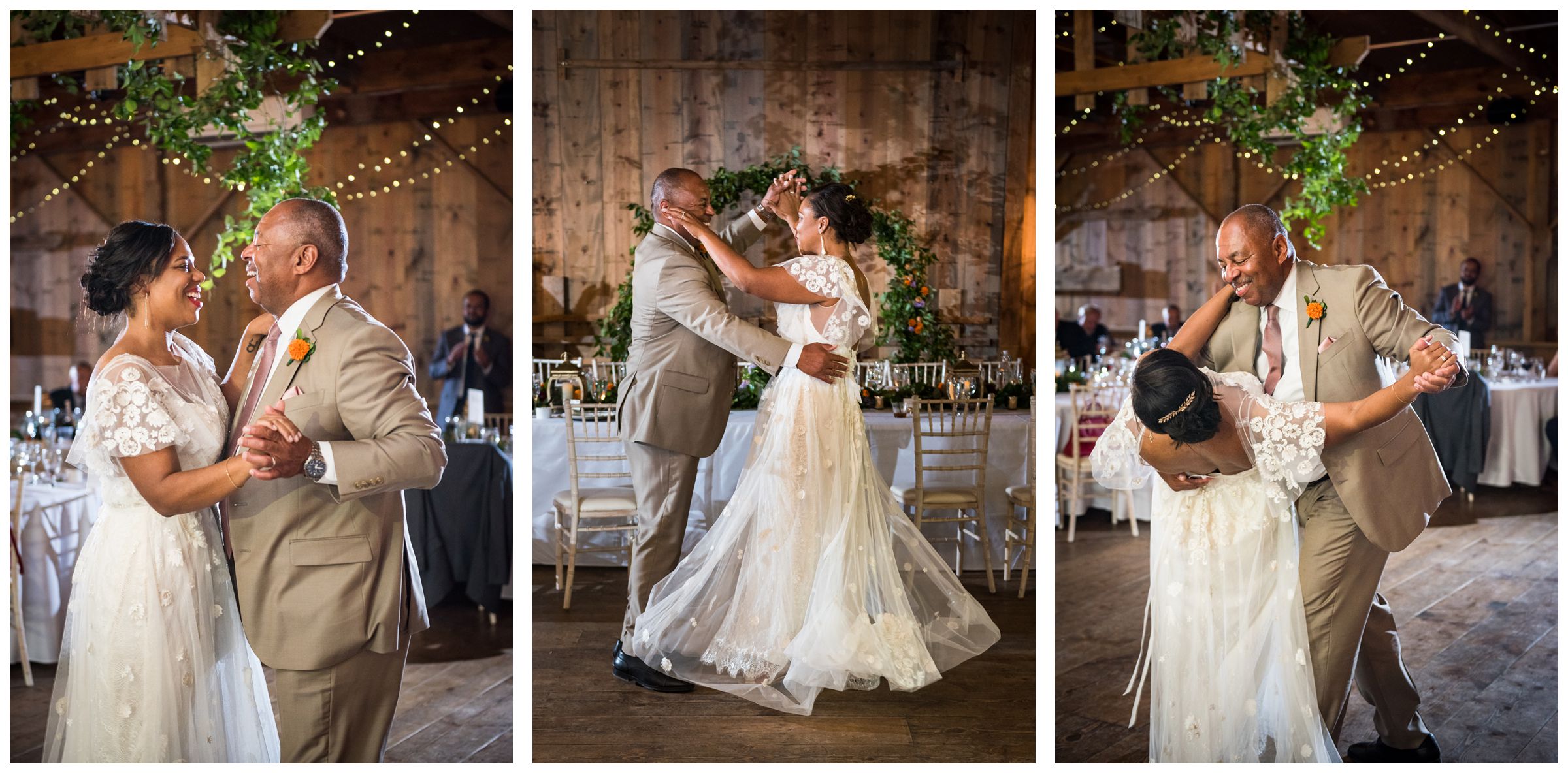father daughter dance during rustic wedding reception at Jorgensen Farms