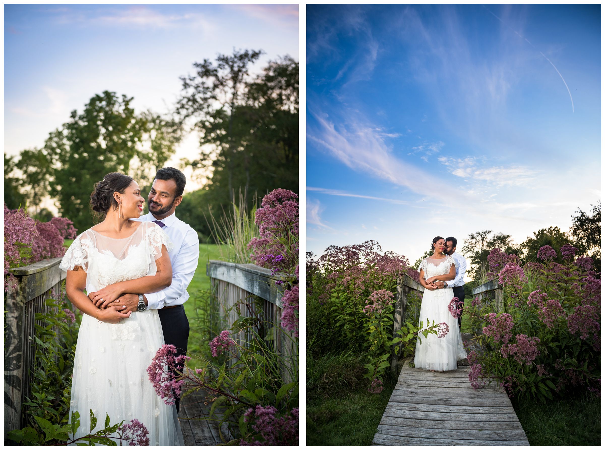 Columbus Ohio sunset wedding photos on bridge in flower field at Jorgensen Farms