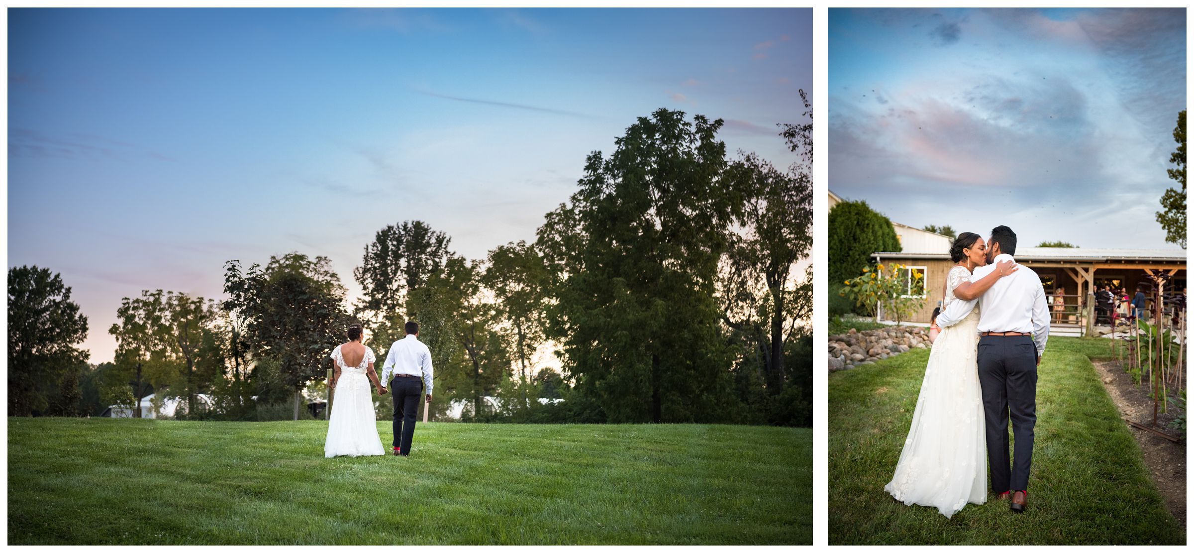 Columbus sunset wedding photos on bridge in field at Jorgensen Farms