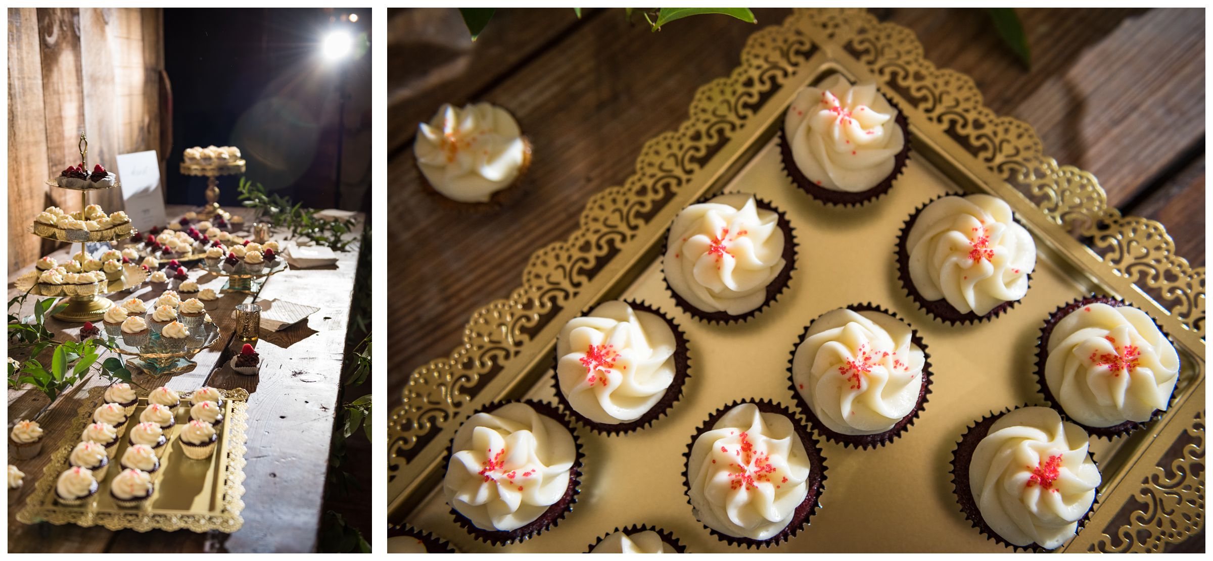 mini cupcakes on dessert table at rustic barn wedding in Columbus