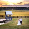 bride and groom walking at sunset by pond during rustic farm wedding captured by Columbus Ohio wedding photographer