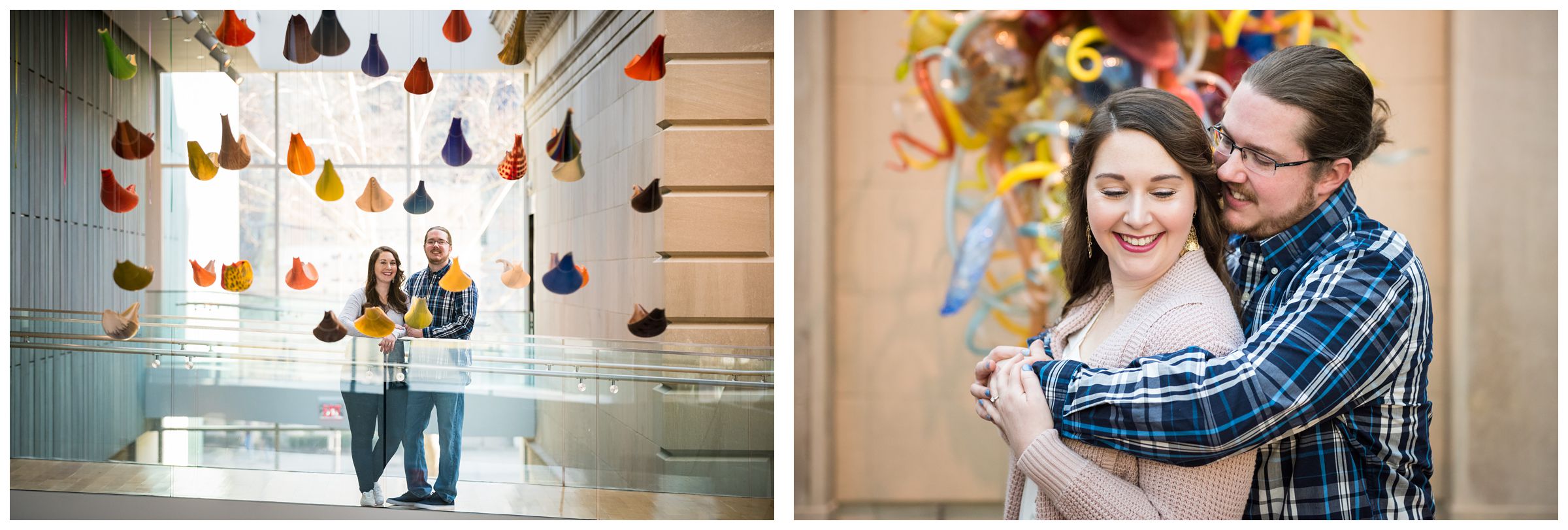Engagement photo session in front of colorful glass Chihuly sculptures at the Columbus Museum of Art