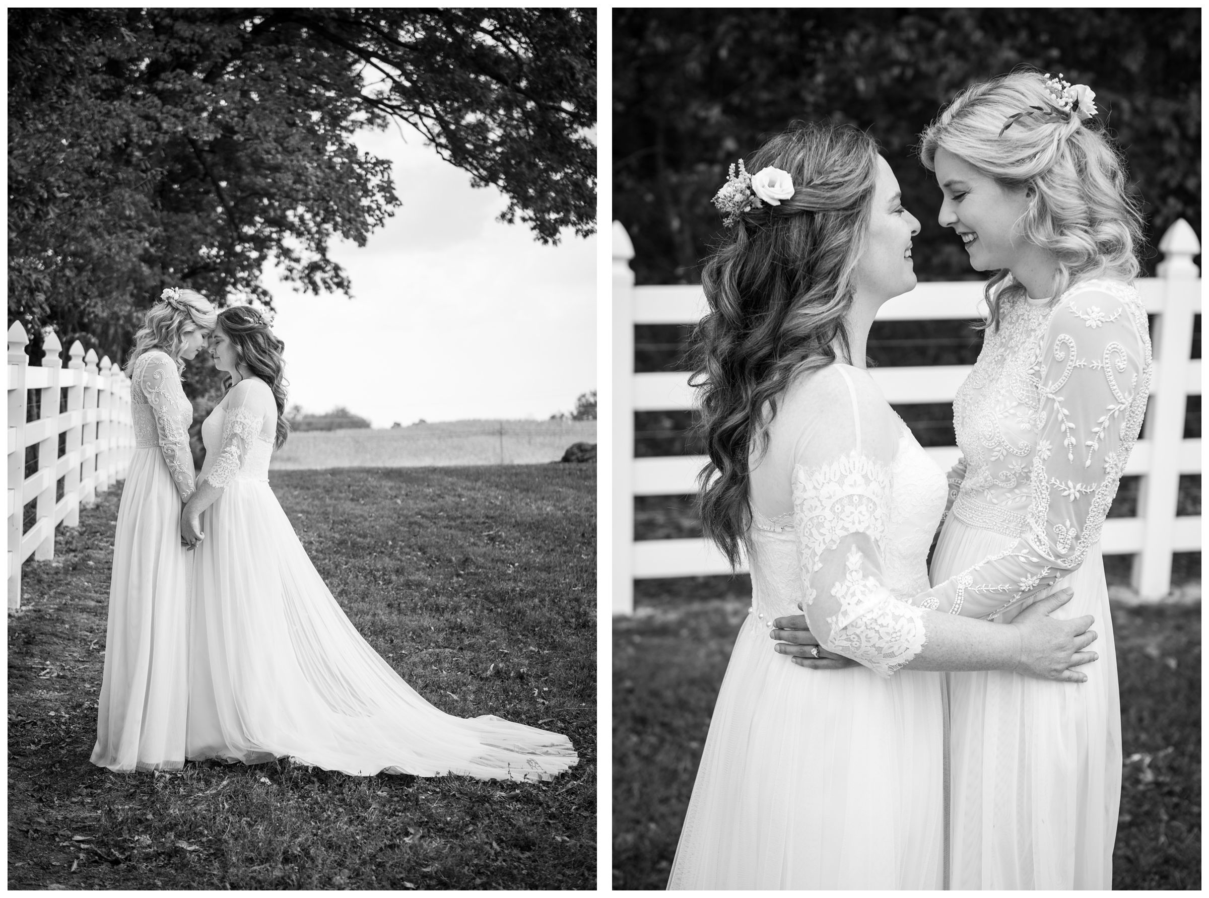black and white images of lesbian couple on wedding day.