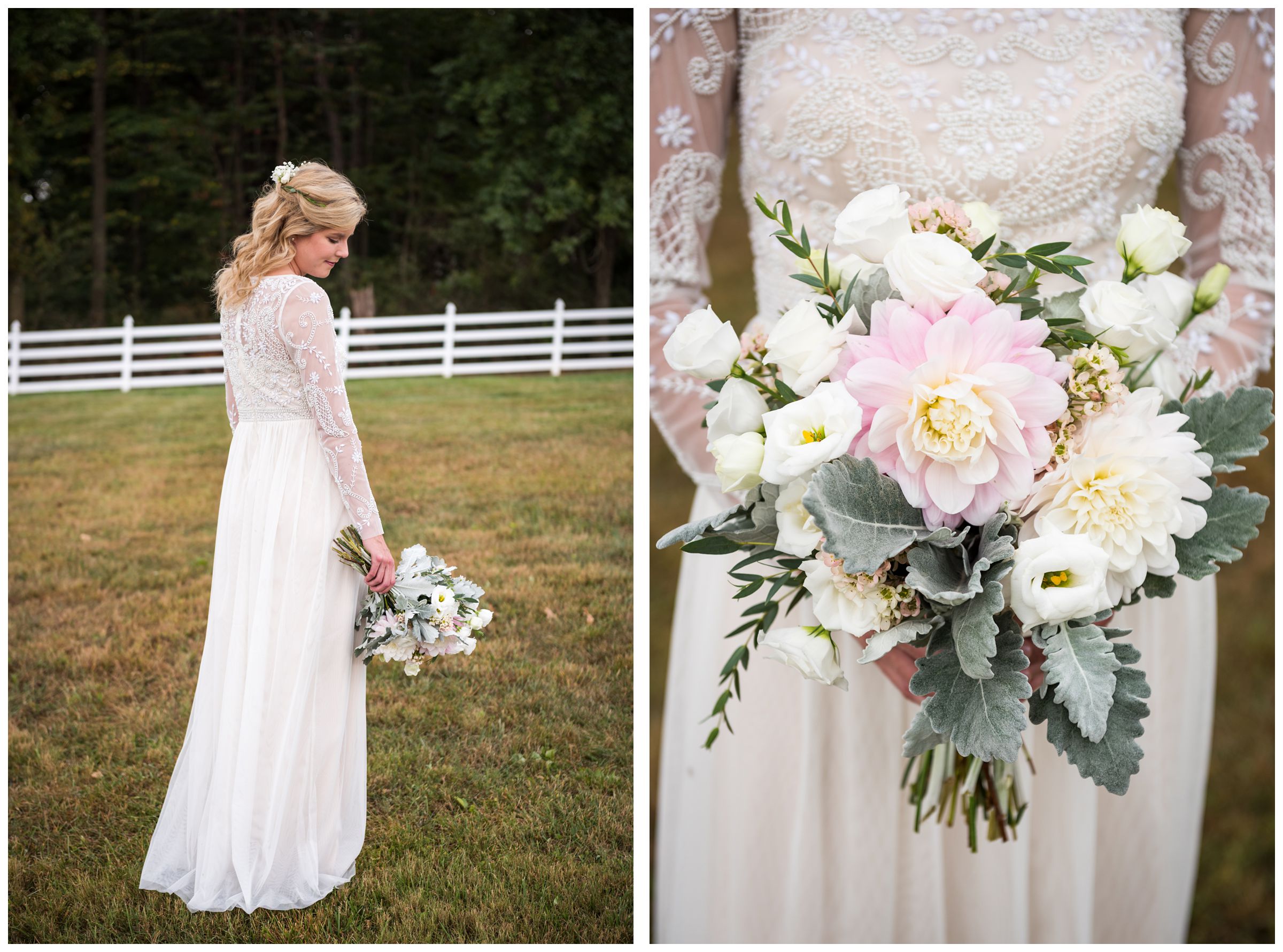 LGBTQ bride with lace sleeve gown and white and blush pink bouquet with greenery