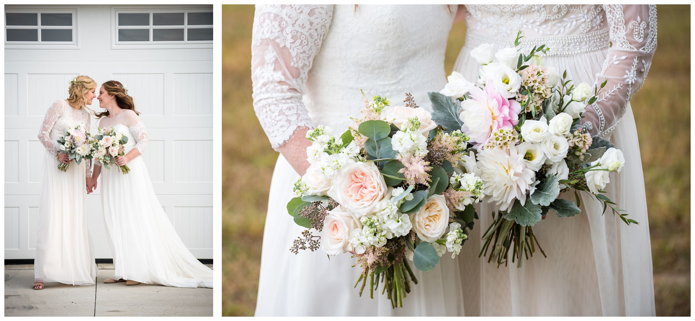 Two brides holding white and blush pink bouquets on wedding day.