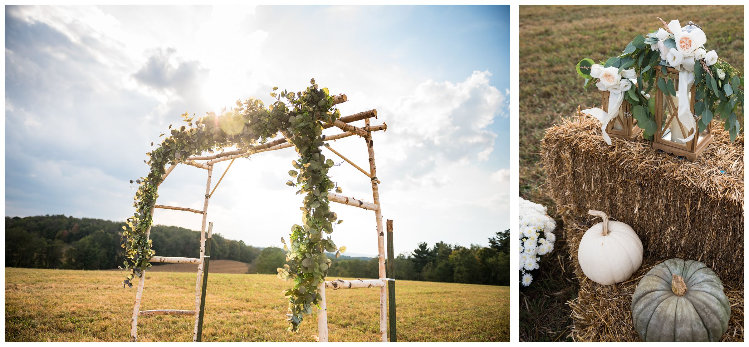 Rustic fall farm wedding decor with greenery arch, pumpkins, and lanterns.
