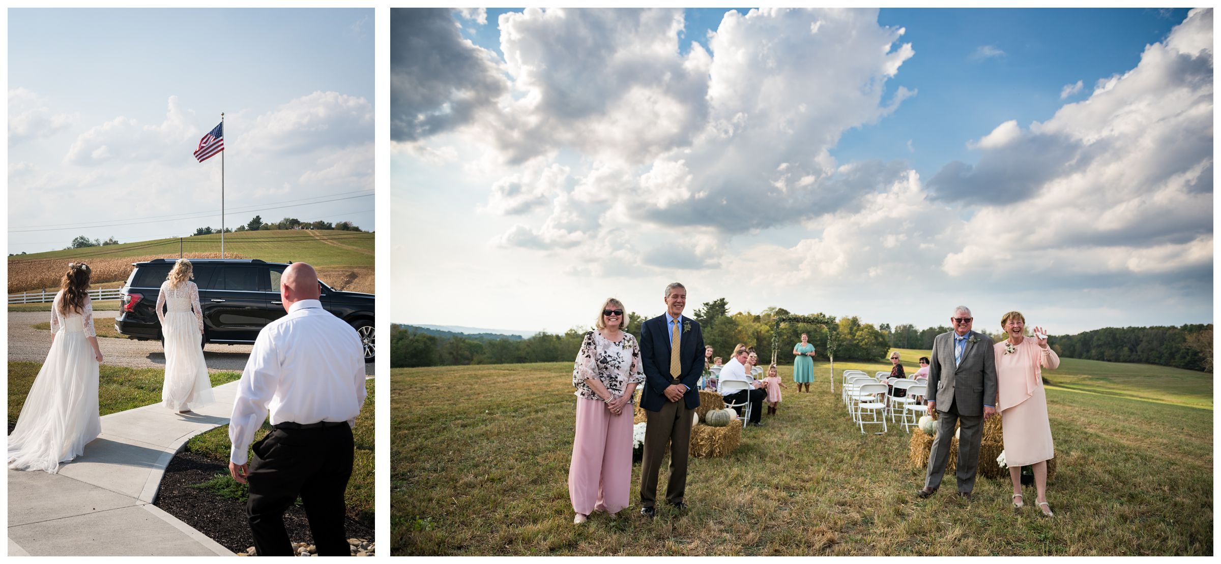 brides arriving for their hilltop farm wedding ceremony in central Ohio