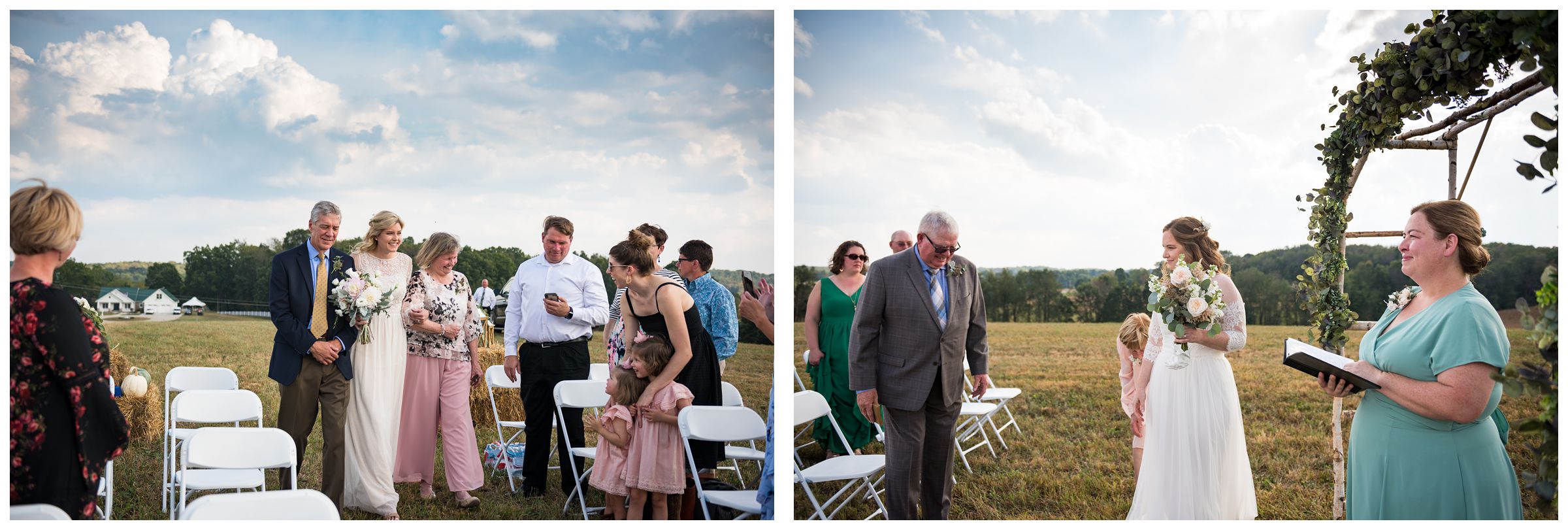 Two brides walking down the aisle during same-sex wedding ceremony on farm