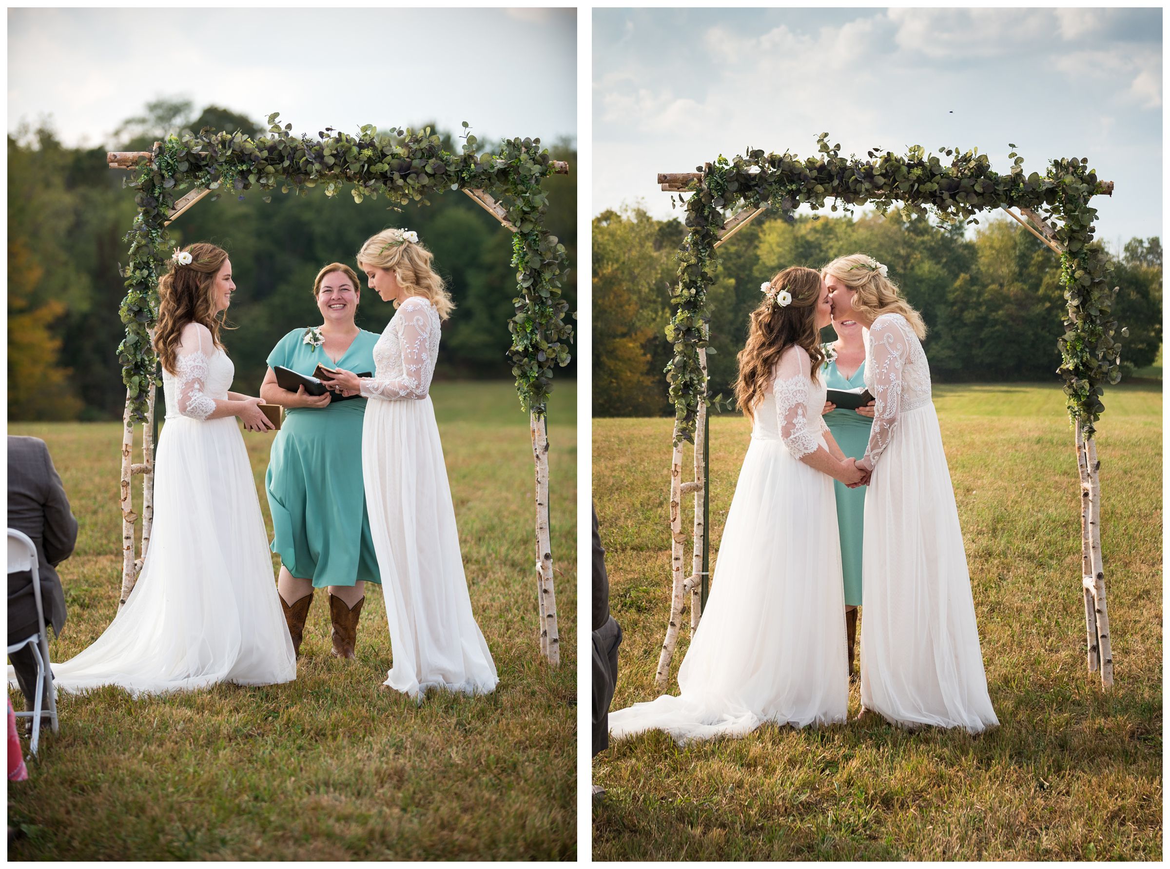 Gay wedding with two brides on beautiful farm.