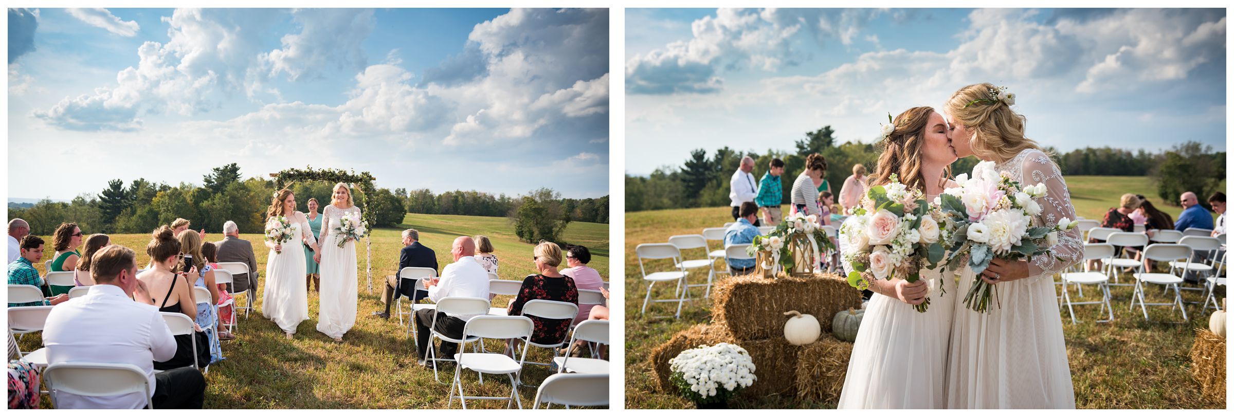 Two brides exiting their fall same-sex wedding ceremony on a farm.