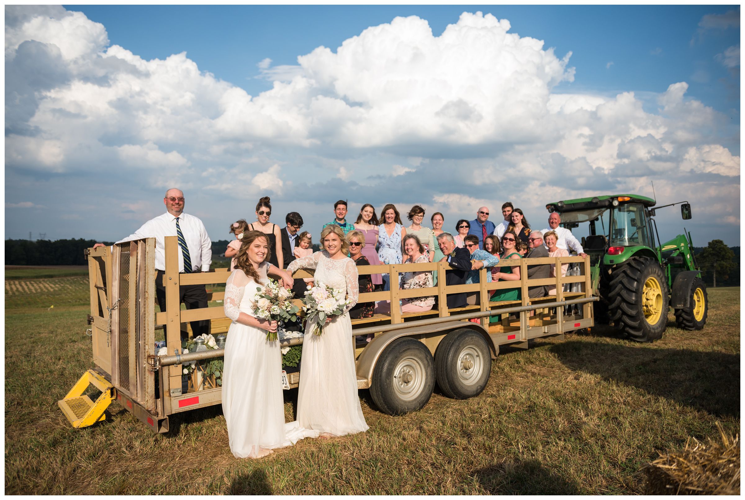 rustic tractor wagon for guest transportation during farm wedding