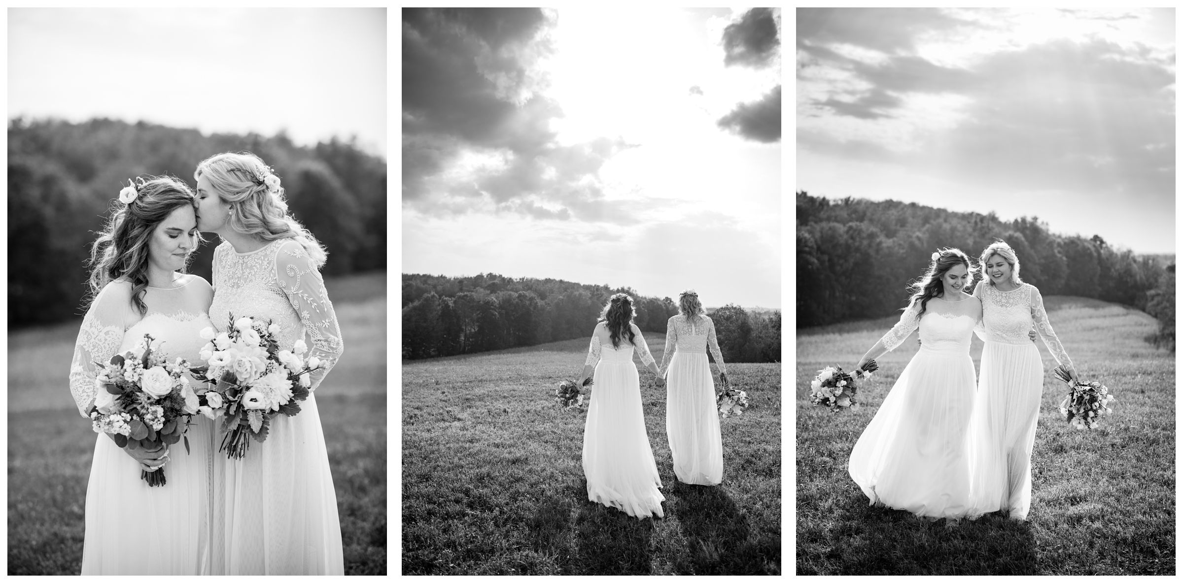 LGBTQ same-sex wedding portraits with two brides on hilltop after farm wedding ceremony.