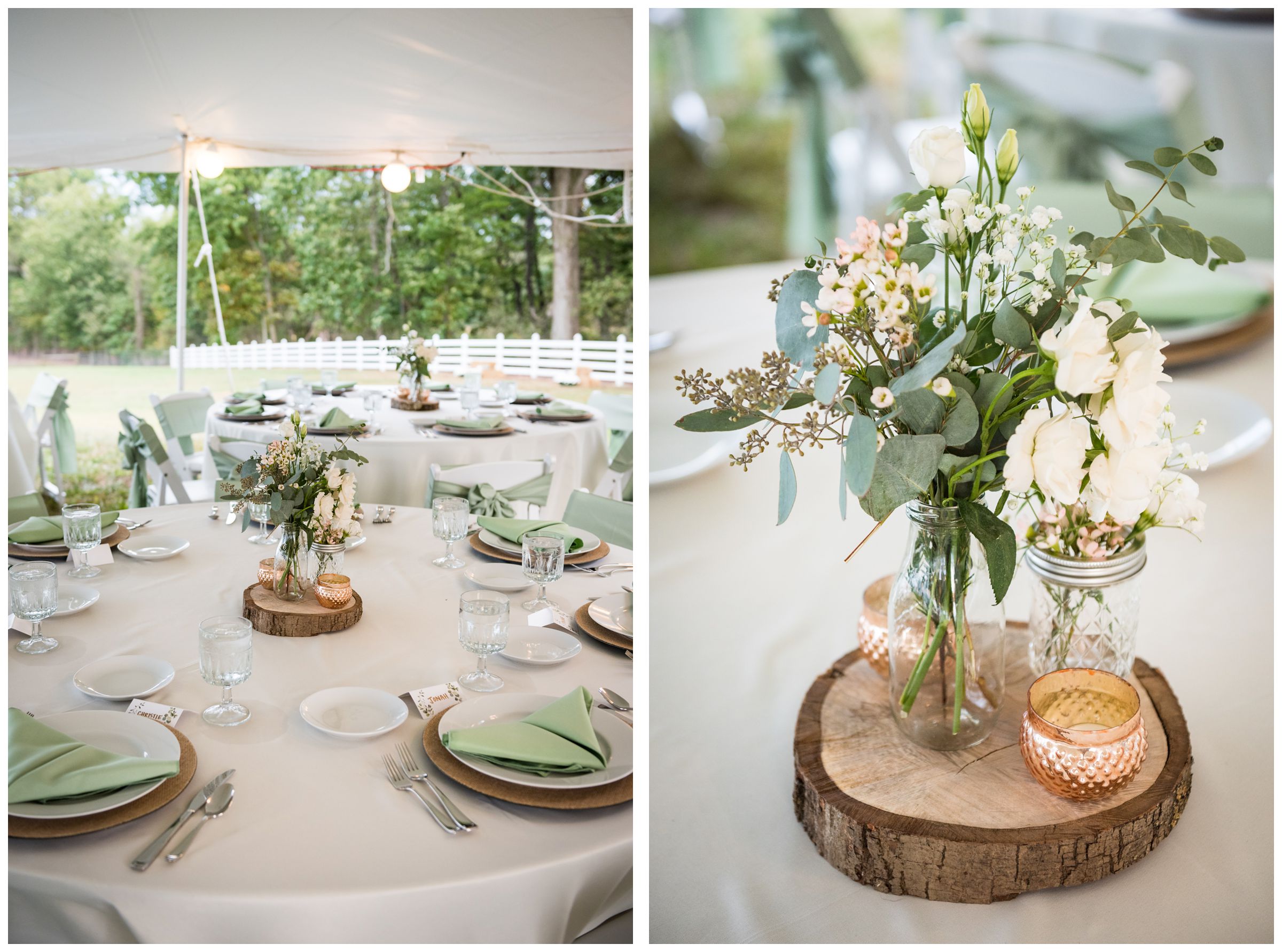 Fall rustic farm wedding details in mint green and blush pink with wood and greenery