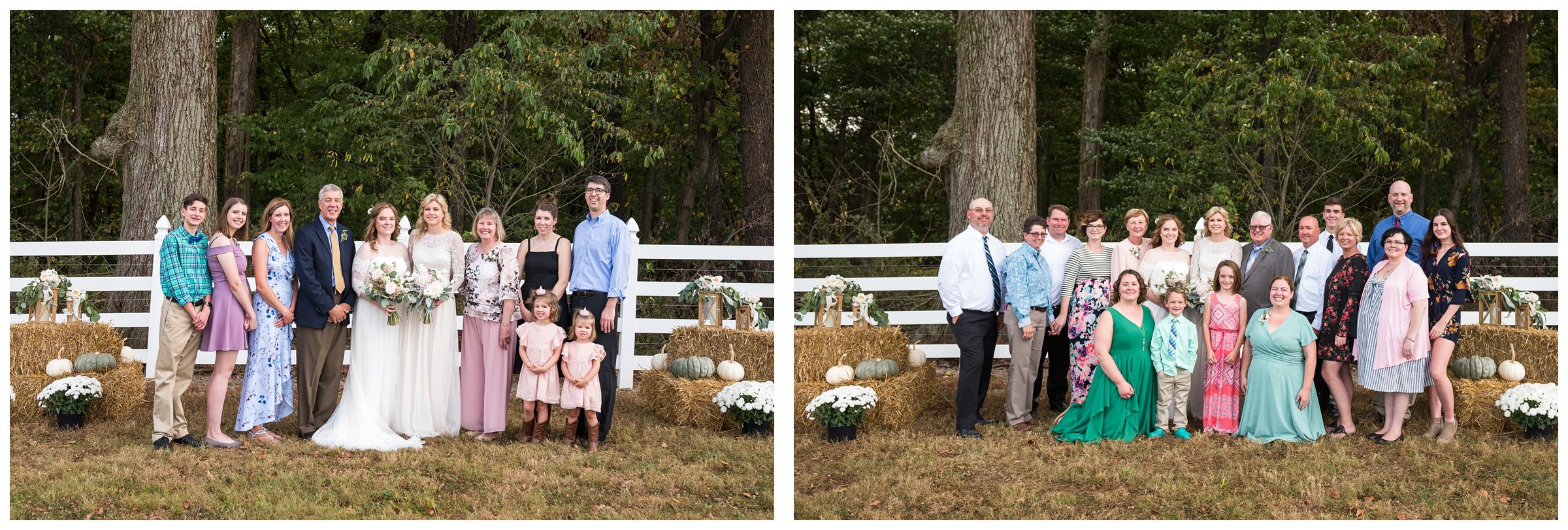 family portraits during fall farm same-sex wedding